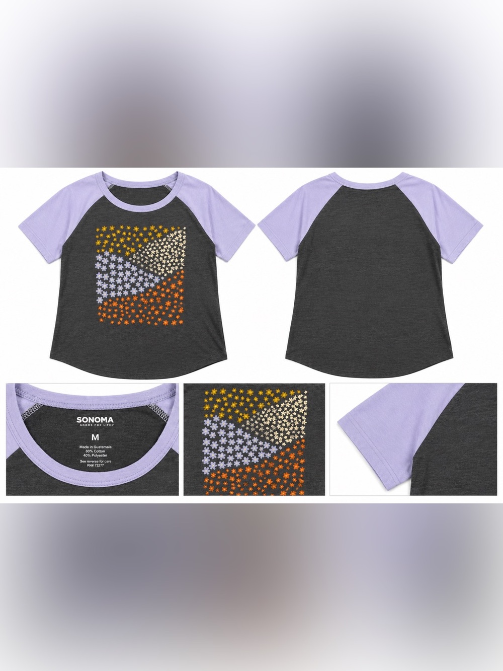Sonoma Floral Graphic Raglan Baseball Tee Women’s M Gray Purple